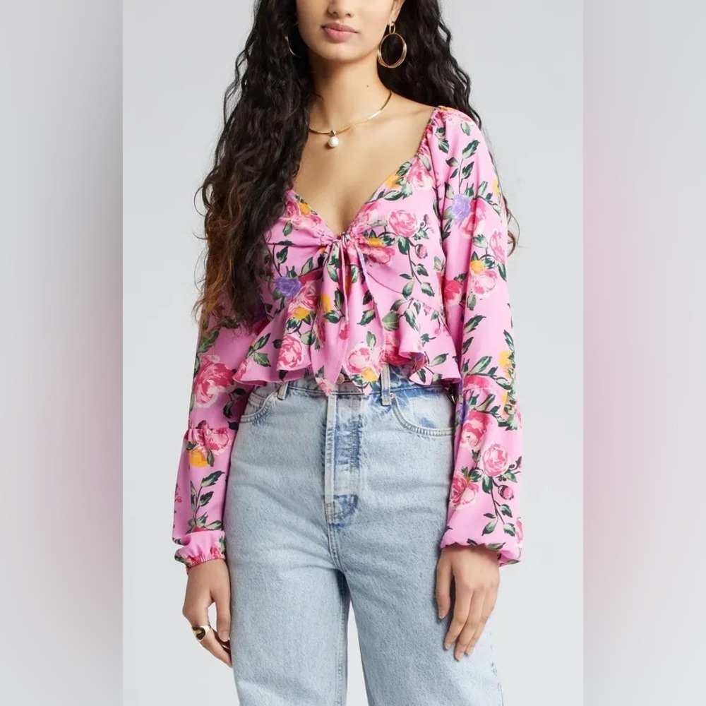 Vero Moda Pink Floral Long-Sleeve Crop Top
